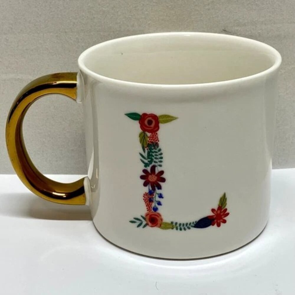 Opalhouse Mug * L * Floral Monogram White Porcelain Gold Handle Target Cup MINTY